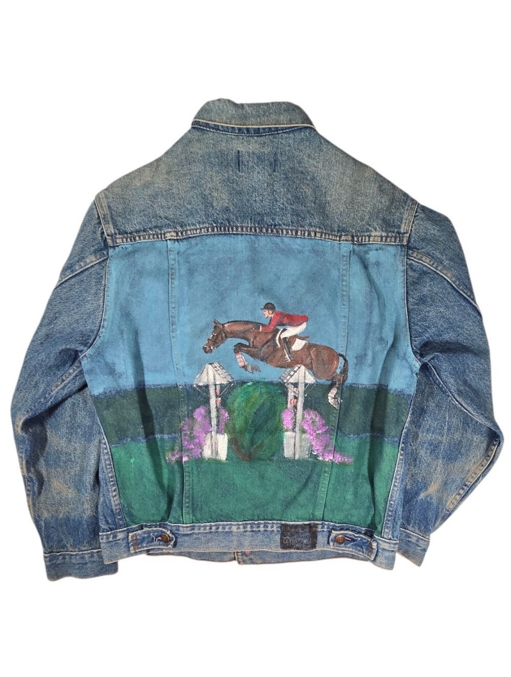 Vintage Alexi Originals Custom Hand Painted Horse Jumping Denim Jacket sz XL